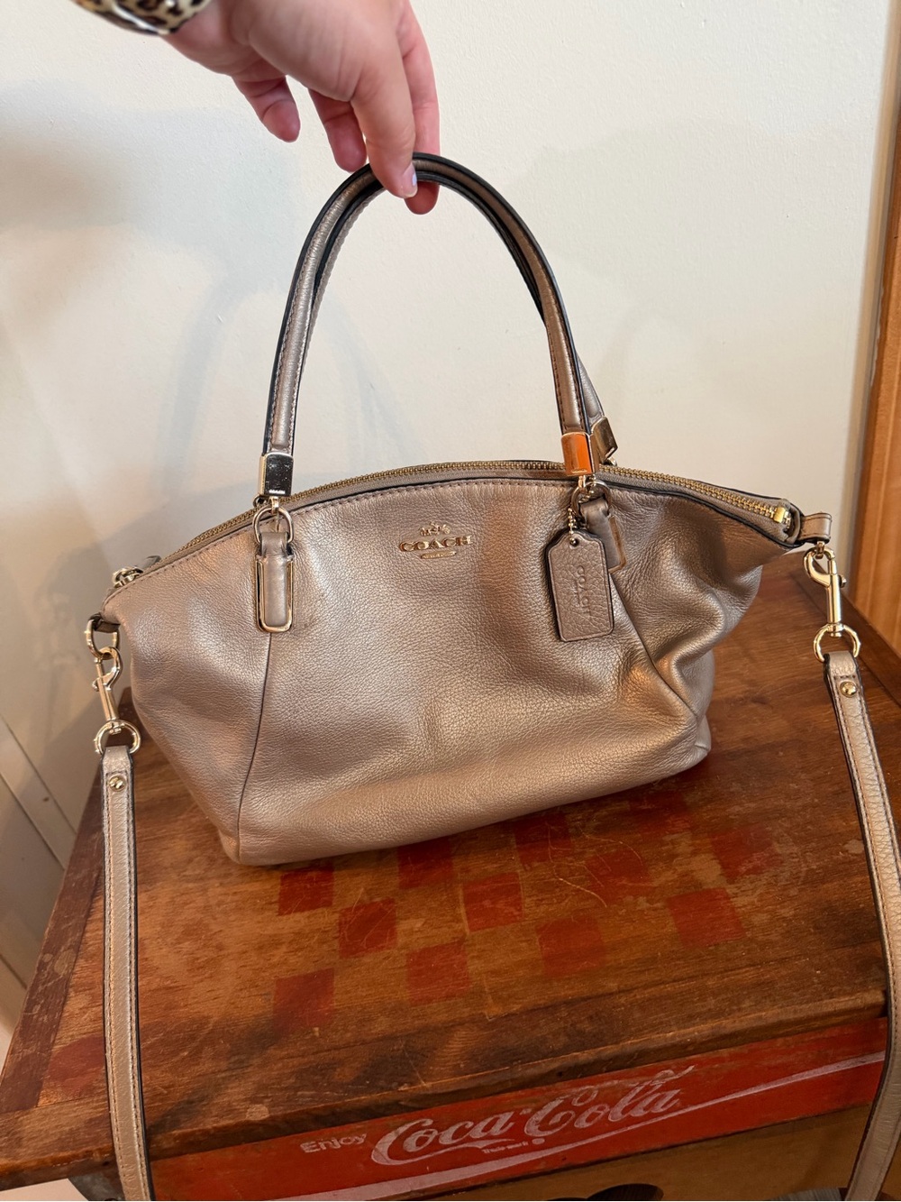 Coach Metallic Taupe Leather Shoulder Satchel with Gold Hardware